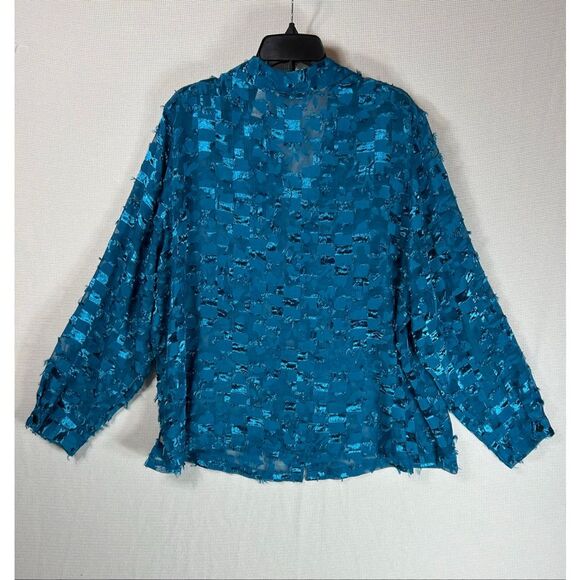 French Laundry Woman 2X Teal Textured Sheer Button-Up Blouse Boho Chic Top - Picture 2 of 10